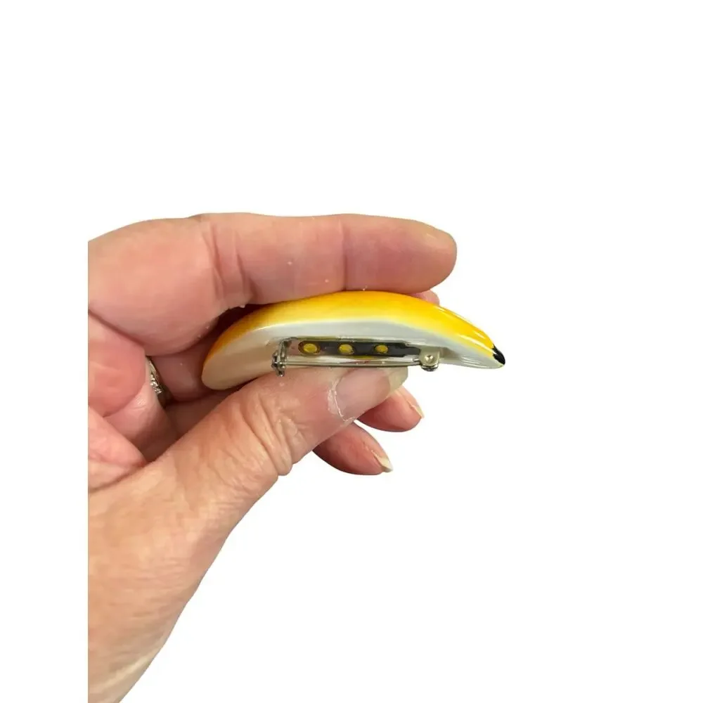 1970s Banana Brooch Yellow Ceramic Fruit Pin Deadstock Kitsch Pop Art
